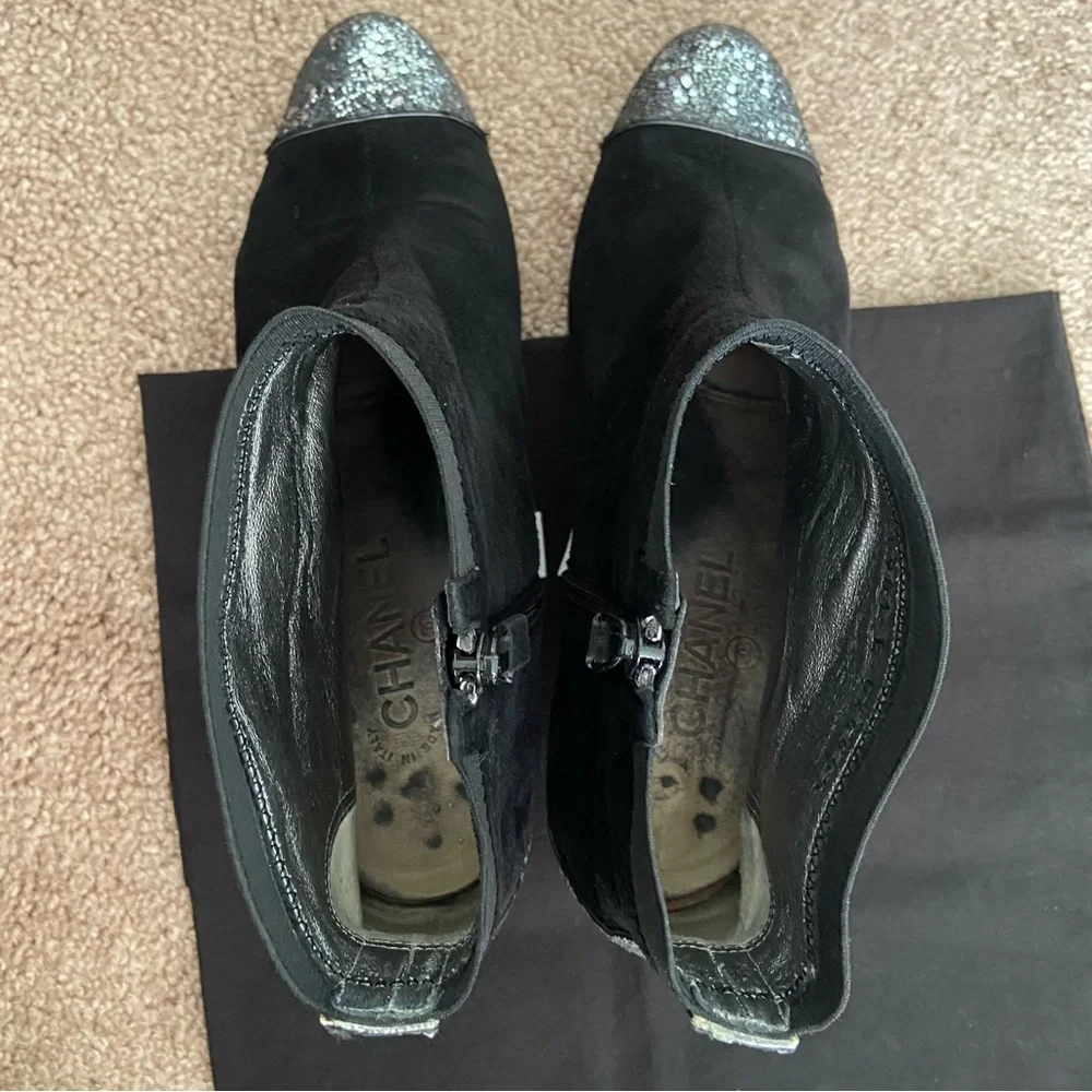Chanel Black Suede Ankle Boots Booties with Glitters Heels and Toes